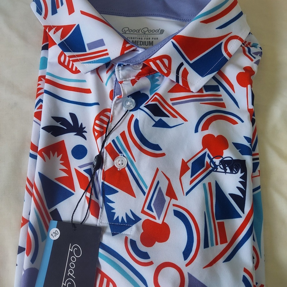 Good Good Golf Mens Performance Polo Shirt Abstract Geometric Print White Medium